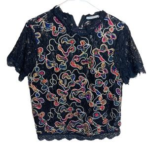Zara Black Lace Blouse with Multicolor Embroidery